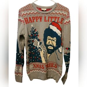 Bob Ross Ugly Christmas Sweater Painting Happy Little Xmas Trees Adult Size S